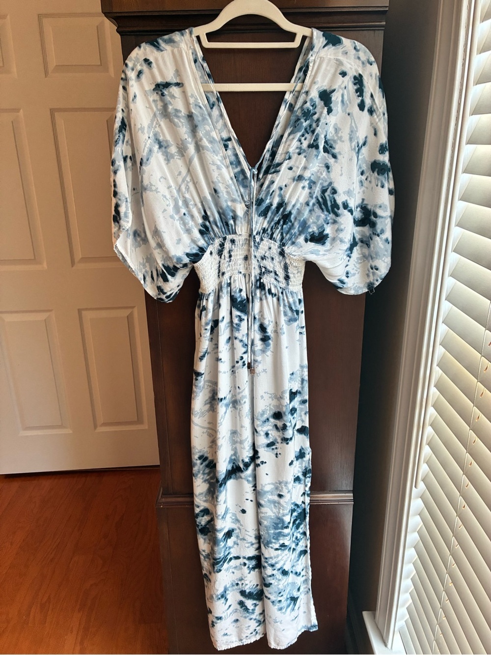 Japna Blue & White Watercolor Smocked Maxi Dress | Boho Empire Waist - Picture 5 of 7